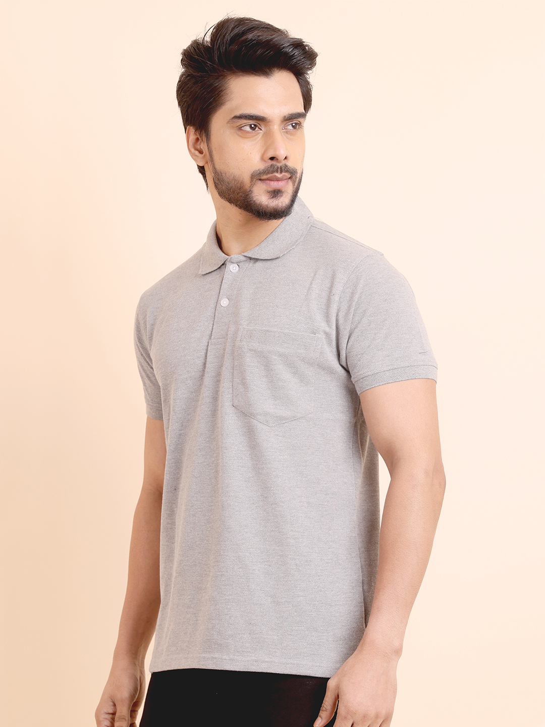 BASIC POLO NECK HALF SLEEVE TSHIRT - GREYMELANGE