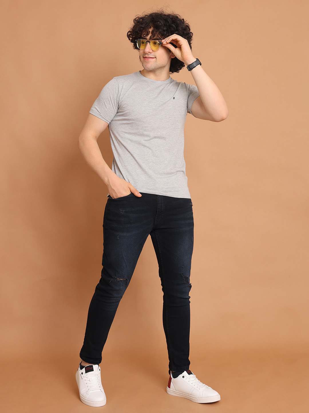 BASIC ROUND NECK HALF SLEEVE - GREYMELANGE
