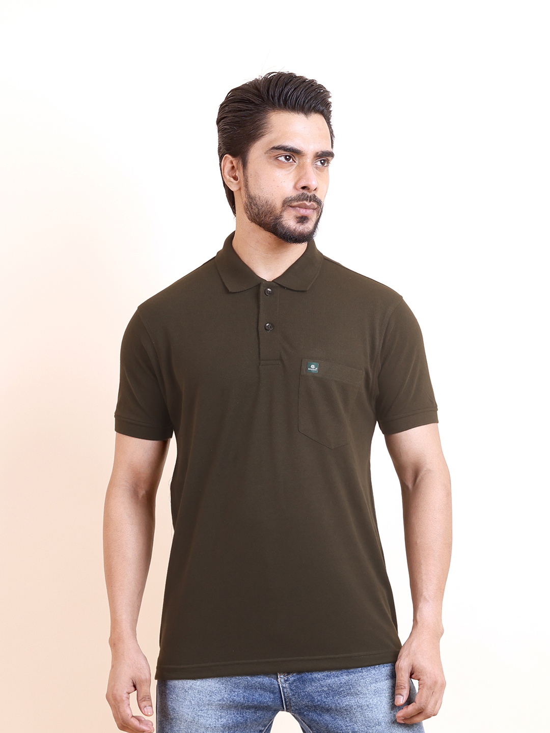 BASIC POLO NECK HALF SLEEVE TSHIRT - DKOLIVE