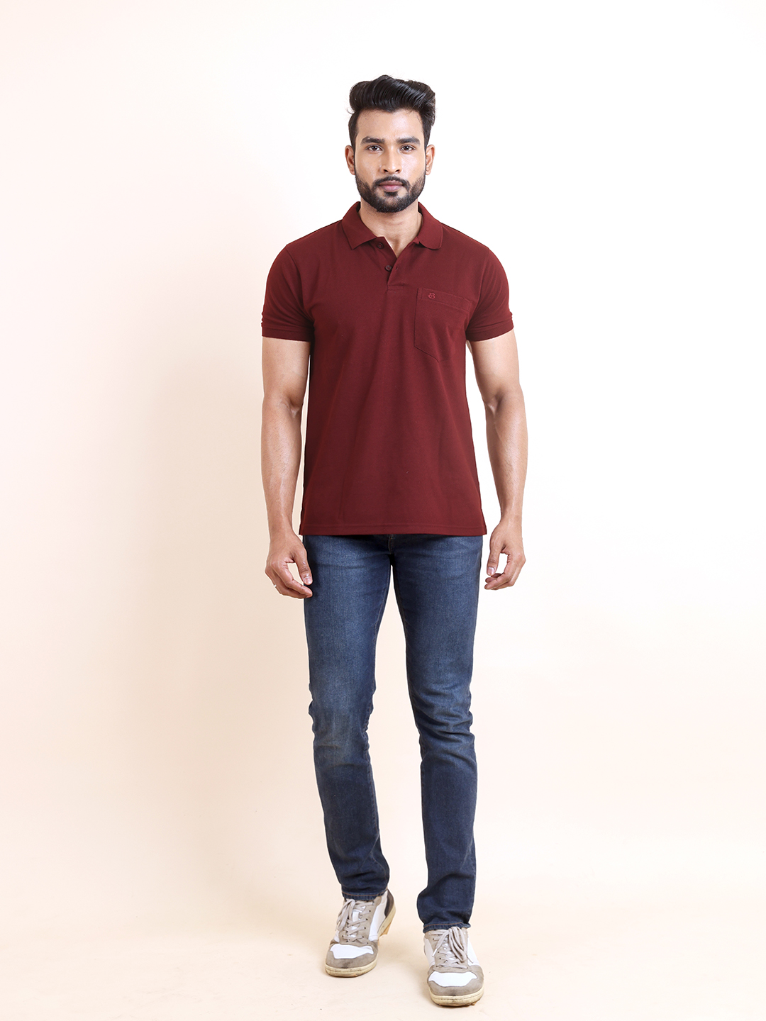 BASIC POLO NECK HALF SLEEVE TSHIRT - WINE